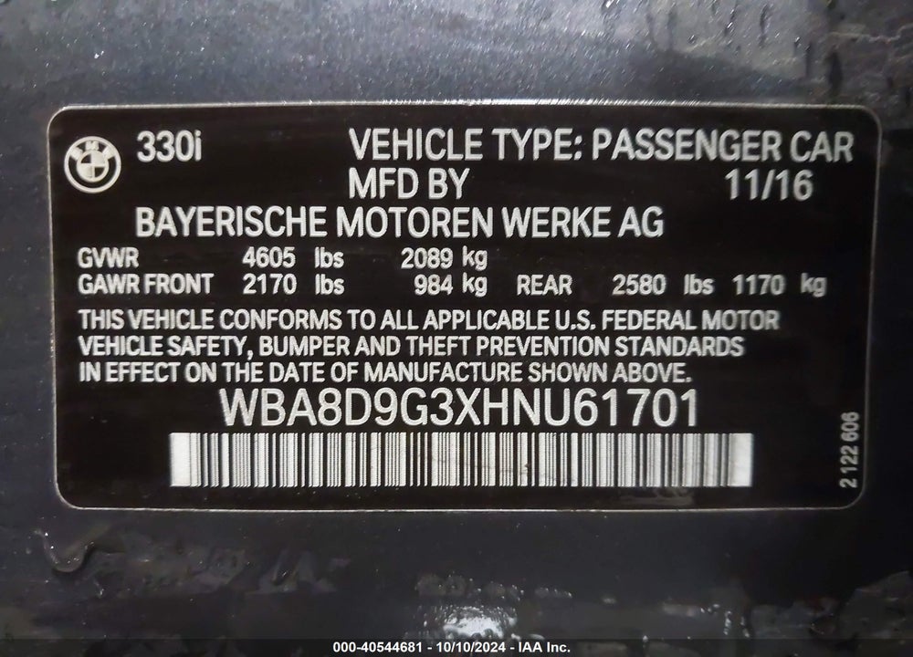 2017 BMW 330I XDRIVE VIN: WBA8D9G3XHNU61701
