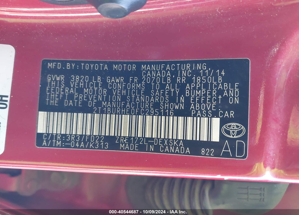 2015 TOYOTA COROLLA S PLUS VIN: 2T1BURHE0FC295116