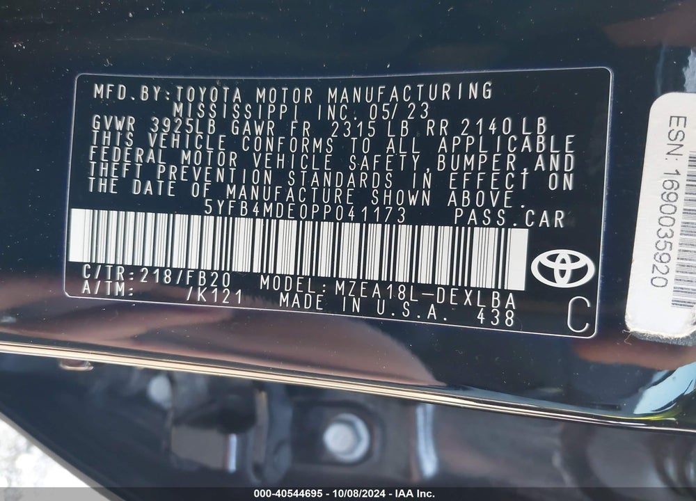 2023 TOYOTA COROLLA LE VIN: 5YFB4MDE0PP041173