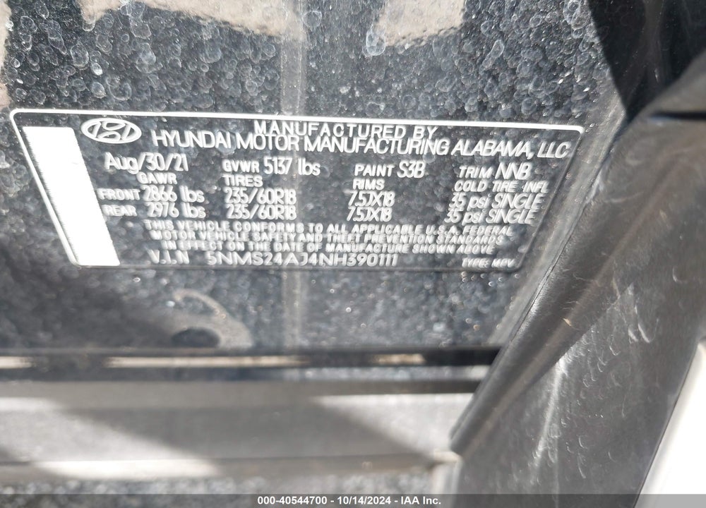 2022 HYUNDAI SANTA FE SEL VIN: 5NMS24AJ4NH390111
