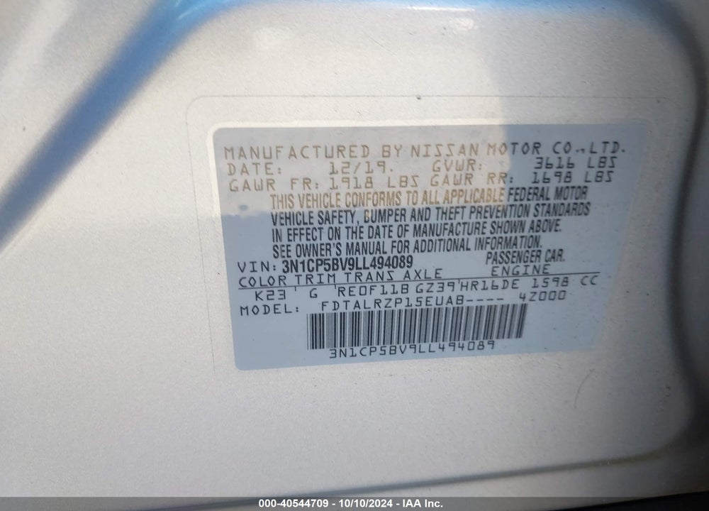 2020 NISSAN KICKS S XTRONIC CVT VIN: 3N1CP5BV9LL494089