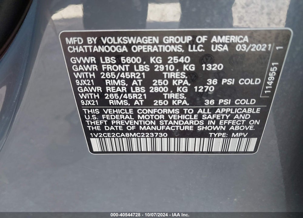 2021 VOLKSWAGEN ATLAS CROSS SPORT 3.6L V6 SEL R-LINE VIN: 1V2CE2CA8MC223730
