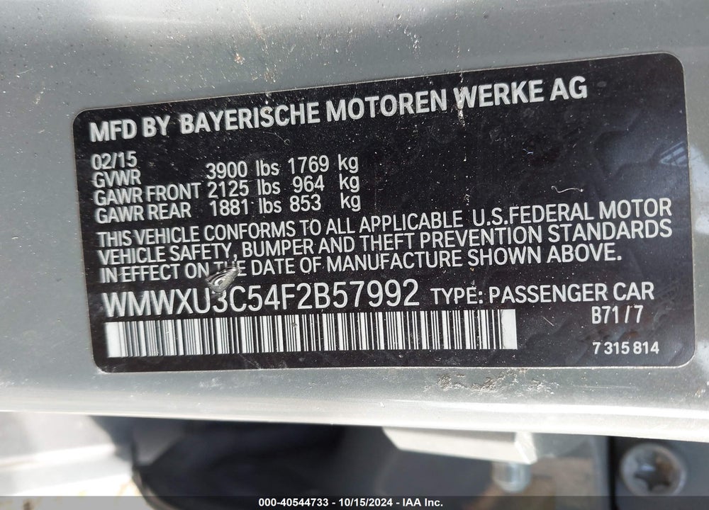 2015 MINI HARDTOP COOPER S VIN: WMWXU3C54F2B57992