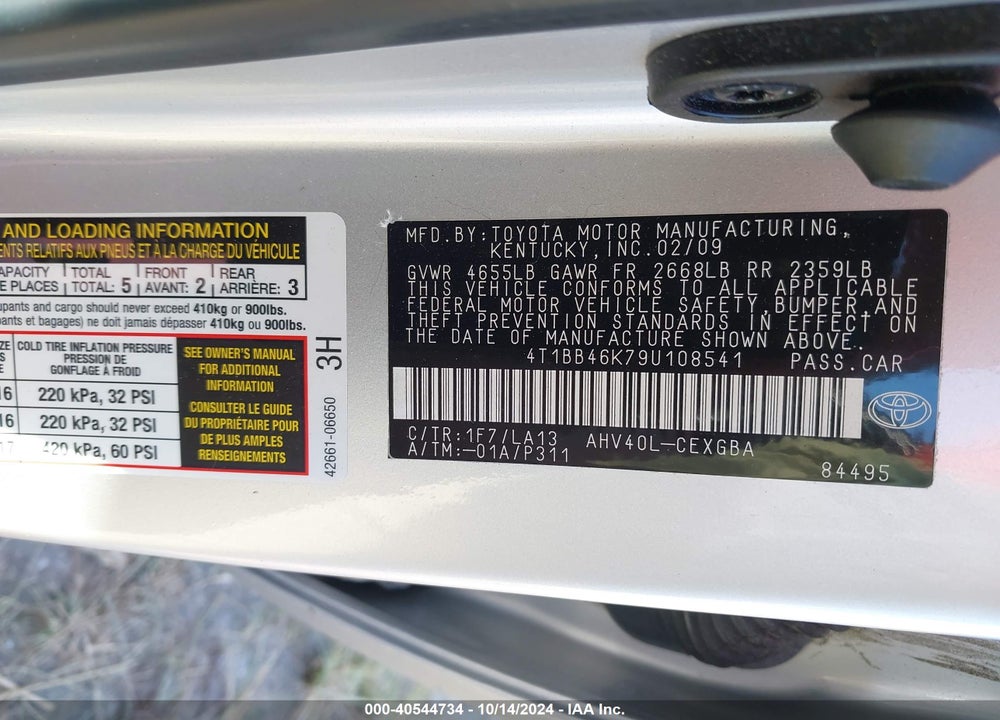 2009 TOYOTA CAMRY HYBRID VIN: 4T1BB46K79U108541
