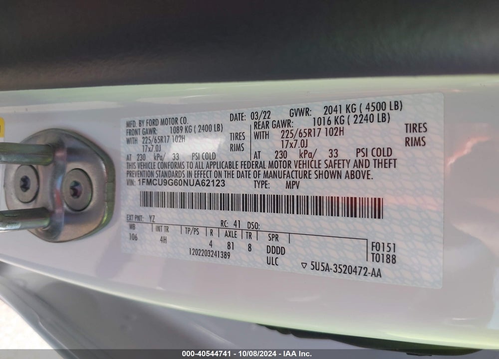 2022 FORD ESCAPE SE VIN: 1FMCU9G60NUA62123