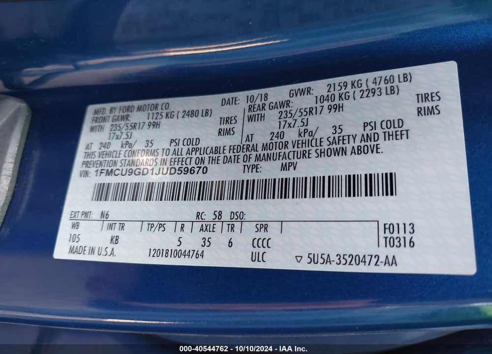 2018 FORD ESCAPE SE VIN: 1FMCU9GD1JUD59670