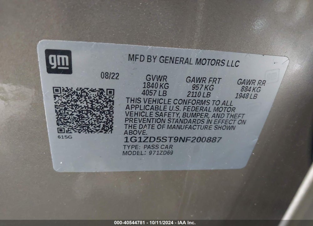 2022 CHEVROLET MALIBU FWD LT VIN: 1G1ZD5ST9NF200887