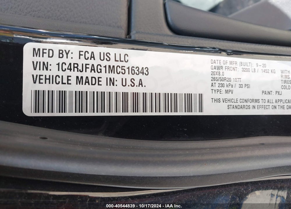 2021 JEEP GRAND CHEROKEE LAREDO X 4X4 VIN: 1C4RJFAG1MC516343