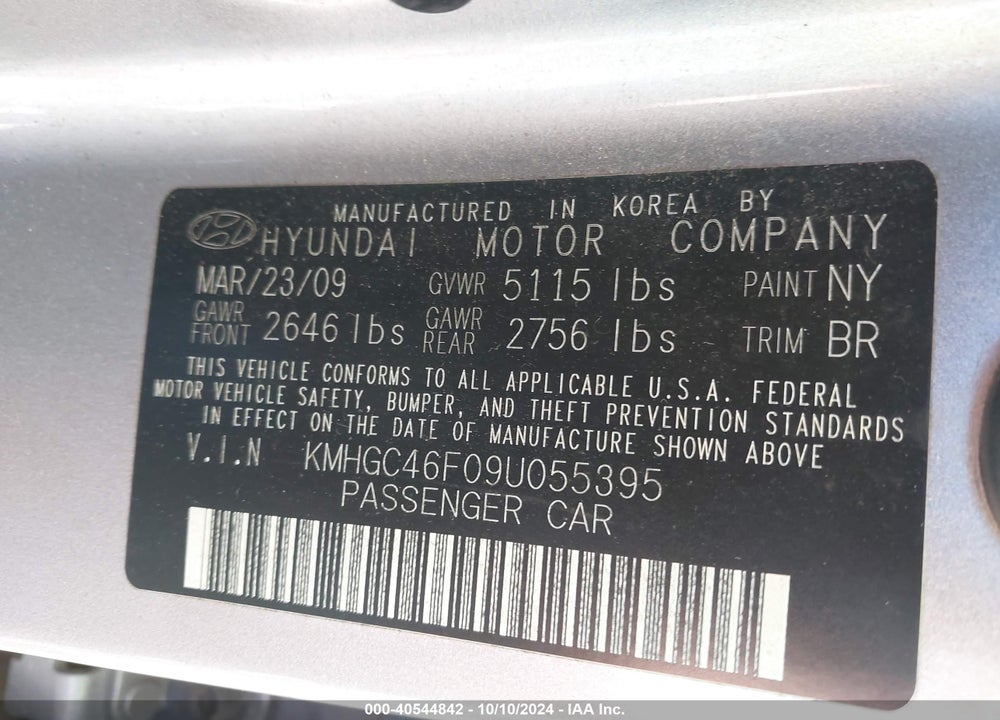 2009 HYUNDAI GENESIS 4.6 VIN: KMHGC46F09U055395