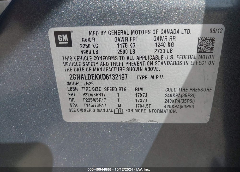 2013 CHEVROLET EQUINOX 1LT VIN: 2GNALDEKXD6132197