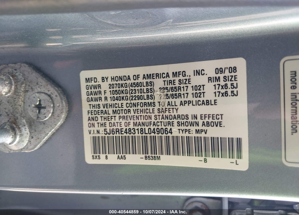 2008 HONDA CR-V LX VIN: 5J6RE48318L049064