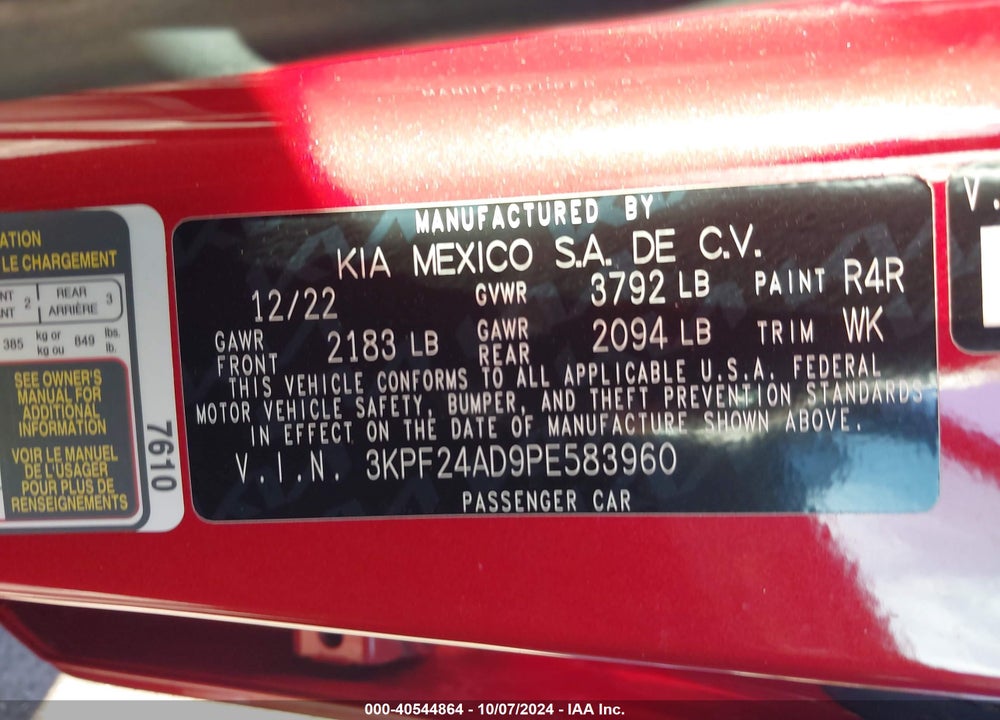 2023 KIA FORTE LXS VIN: 3KPF24AD9PE583960