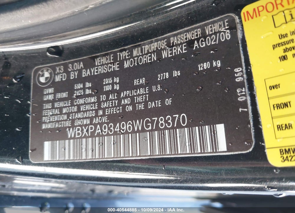 2006 BMW X3 3.0I VIN: WBXPA93496WG78370