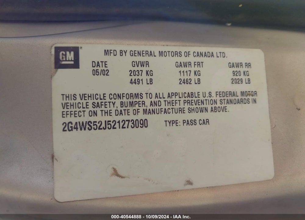 2002 BUICK CENTURY CUSTOM VIN: 2G4WS52J521273090