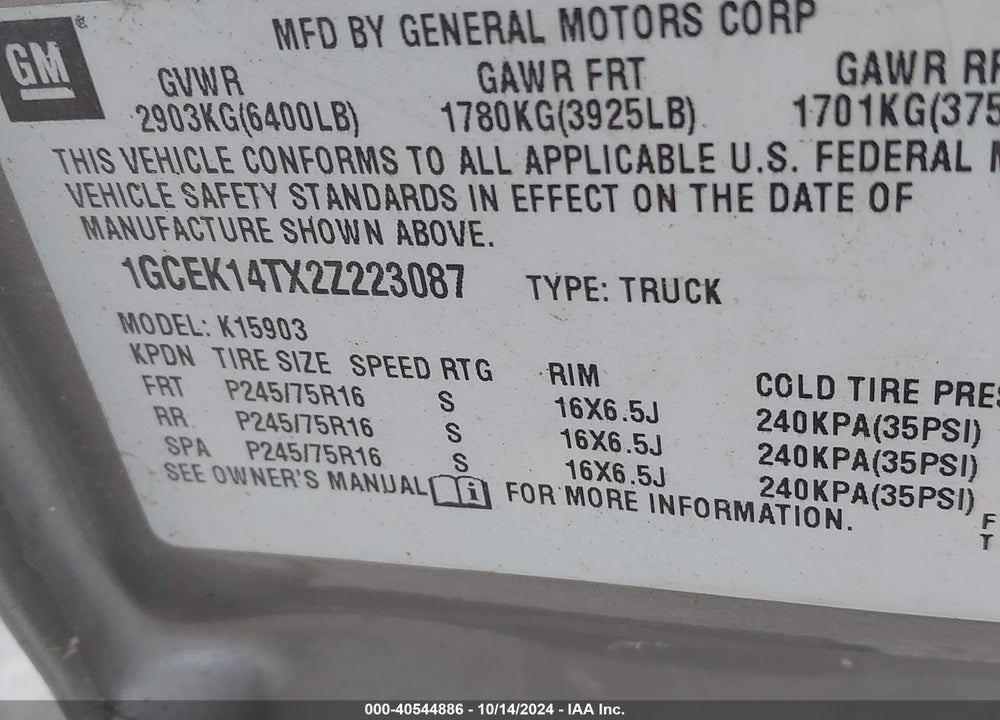 2002 CHEVROLET SILVERADO 1500 VIN: 1GCEK14TX2Z223087