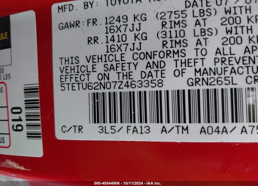 2007 TOYOTA TACOMA PRERUNNER V6 VIN: 5TETU62N07Z463358
