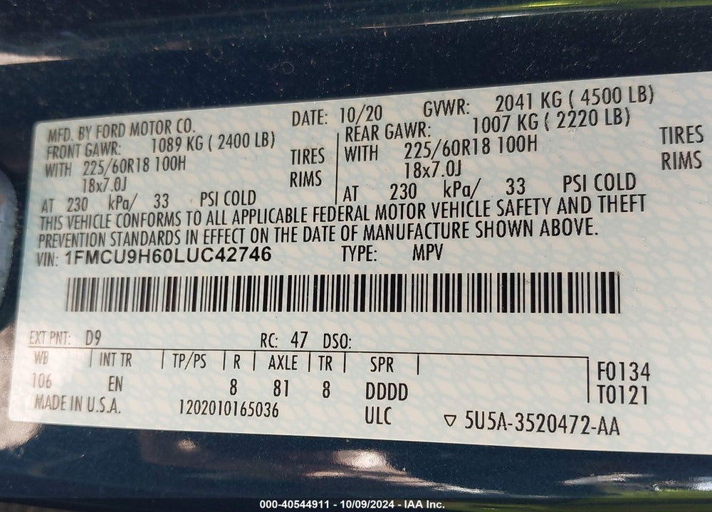 2020 FORD ESCAPE SEL VIN: 1FMCU9H60LUC42746