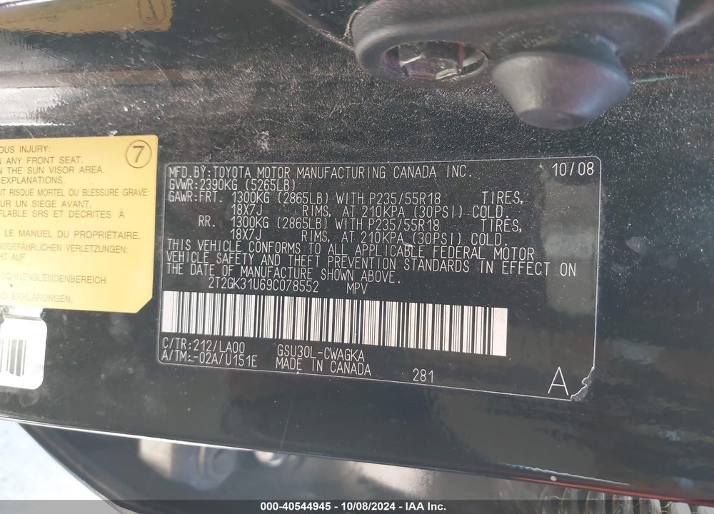 2009 LEXUS RX 350 VIN: 2T2GK31U69C078552