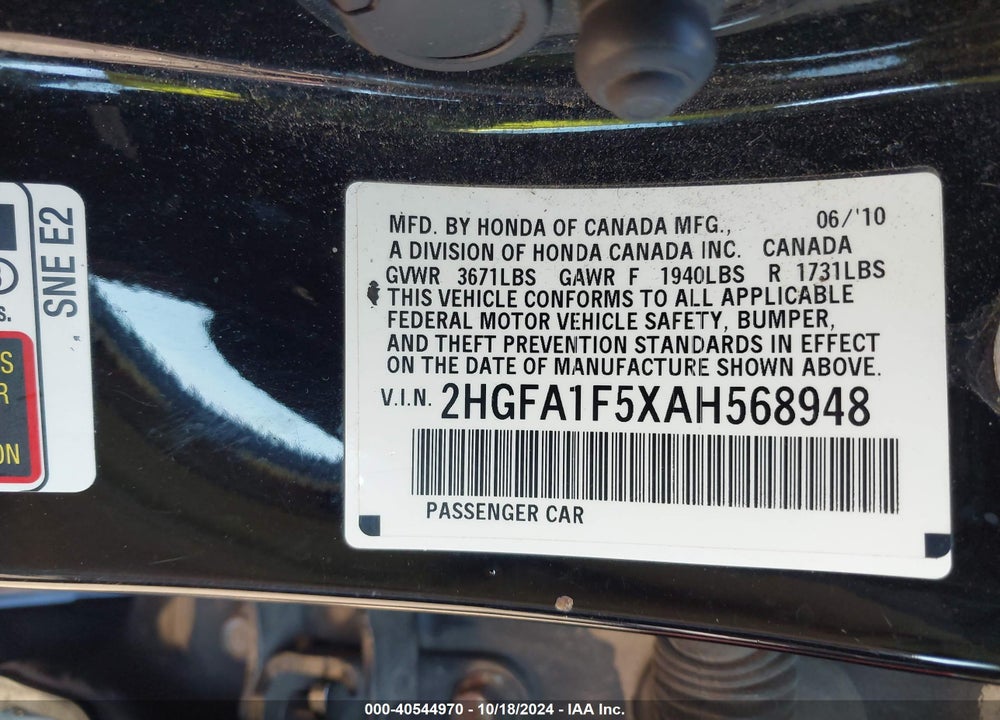 2010 HONDA CIVIC LX VIN: 2HGFA1F5XAH568948