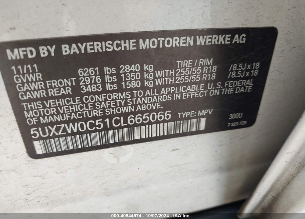 2012 BMW X5 XDRIVE35D VIN: 5UXZW0C51CL665066