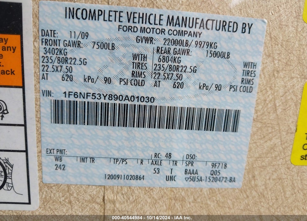 2009 FORD F550 SUPER DUTY STRIPPED CHASS VIN: 1F6NF53Y890A01030