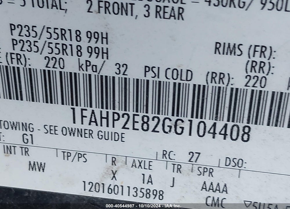 2016 FORD TAURUS SEL VIN: 1FAHP2E82GG104408