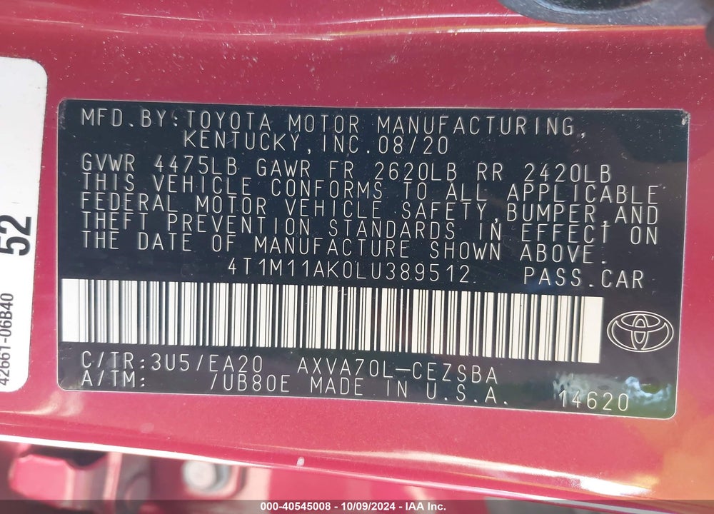 2020 TOYOTA CAMRY SE VIN: 4T1M11AK0LU389512
