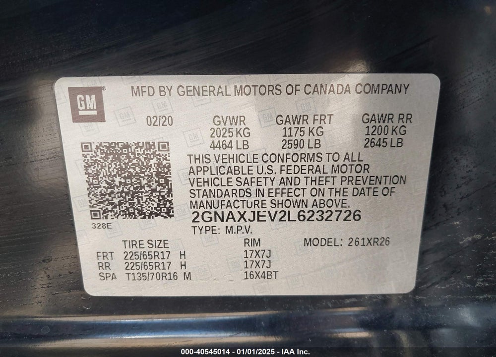 2020 CHEVROLET EQUINOX FWD 2FL VIN: 2GNAXJEV2L6232726