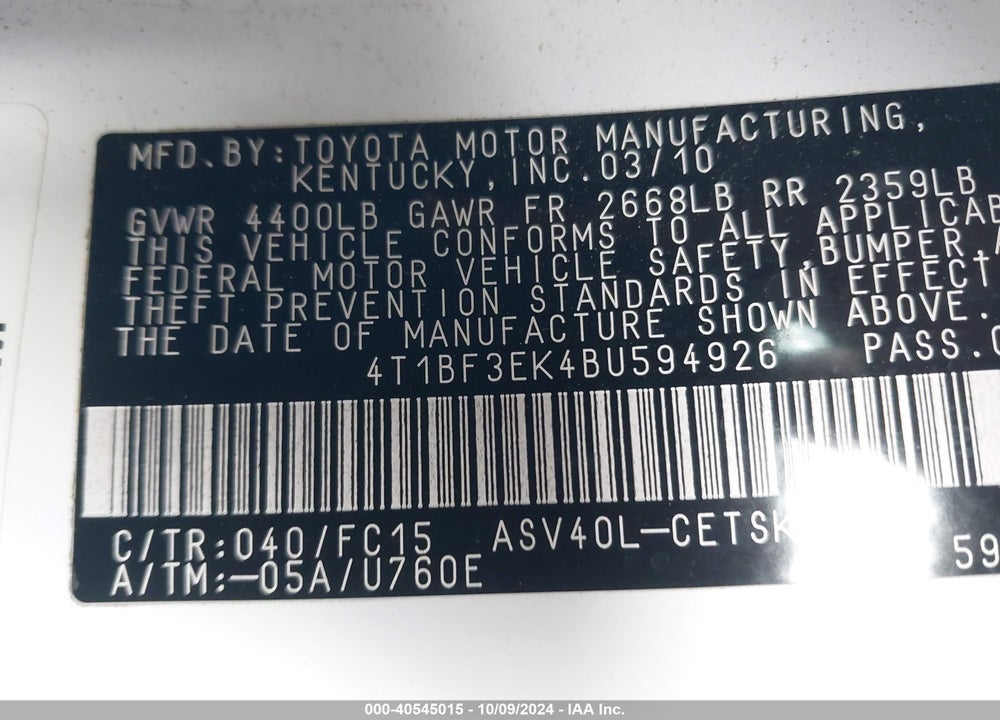 2011 TOYOTA CAMRY SE VIN: 4T1BF3EK4BU594926