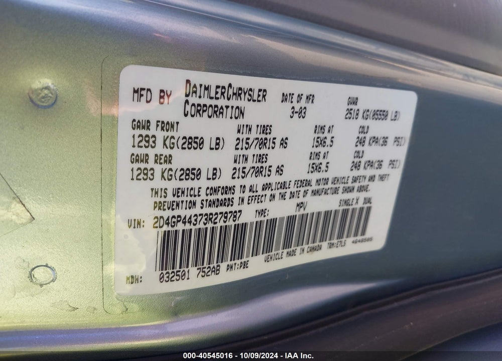 2003 DODGE GRAND CARAVAN SPORT VIN: 2D4GP44373R279787