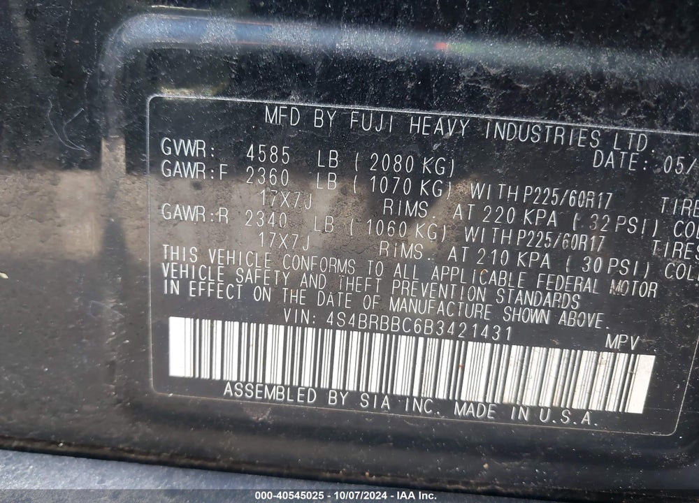 2011 SUBARU OUTBACK 2.5I PREMIUM VIN: 4S4BRBBC6B3421431