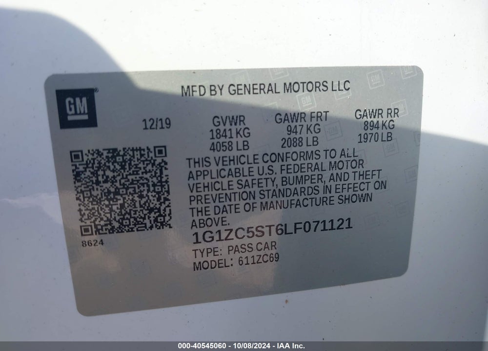 2020 CHEVROLET MALIBU FWD 1FL VIN: 1G1ZC5ST6LF071121