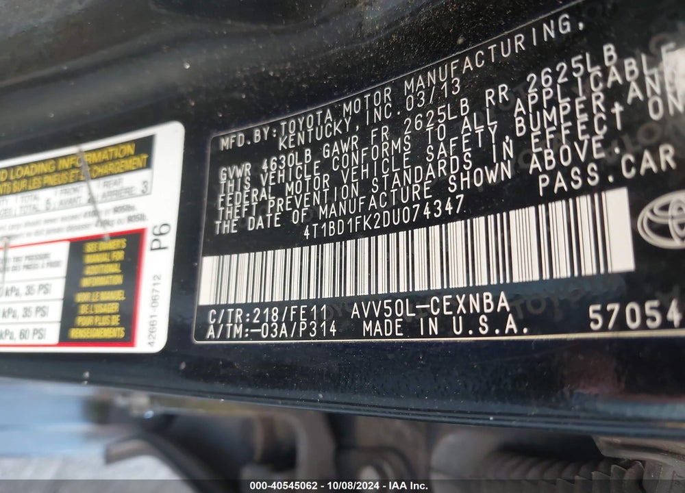 2013 TOYOTA CAMRY HYBRID LE VIN: 4T1BD1FK2DU074347