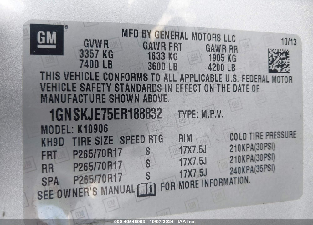 2014 CHEVROLET SUBURBAN 1500 LT VIN: 1GNSKJE75ER188832