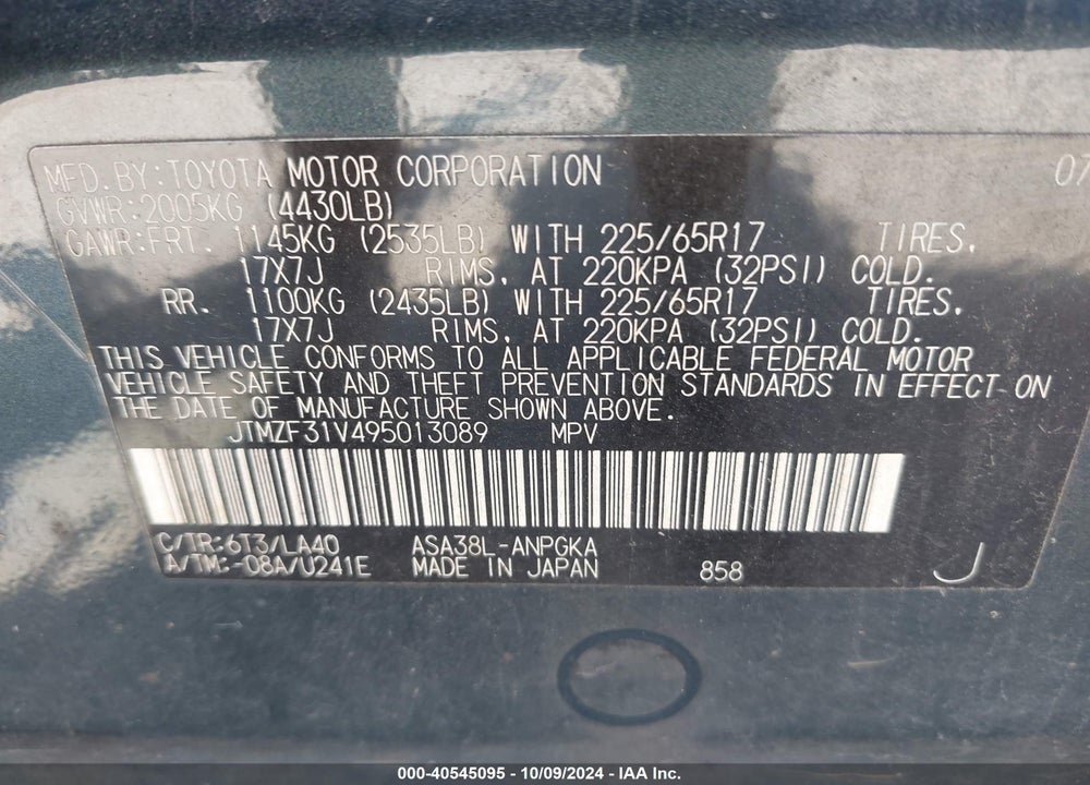 2009 TOYOTA RAV4 LIMITED VIN: JTMZF31V495013089