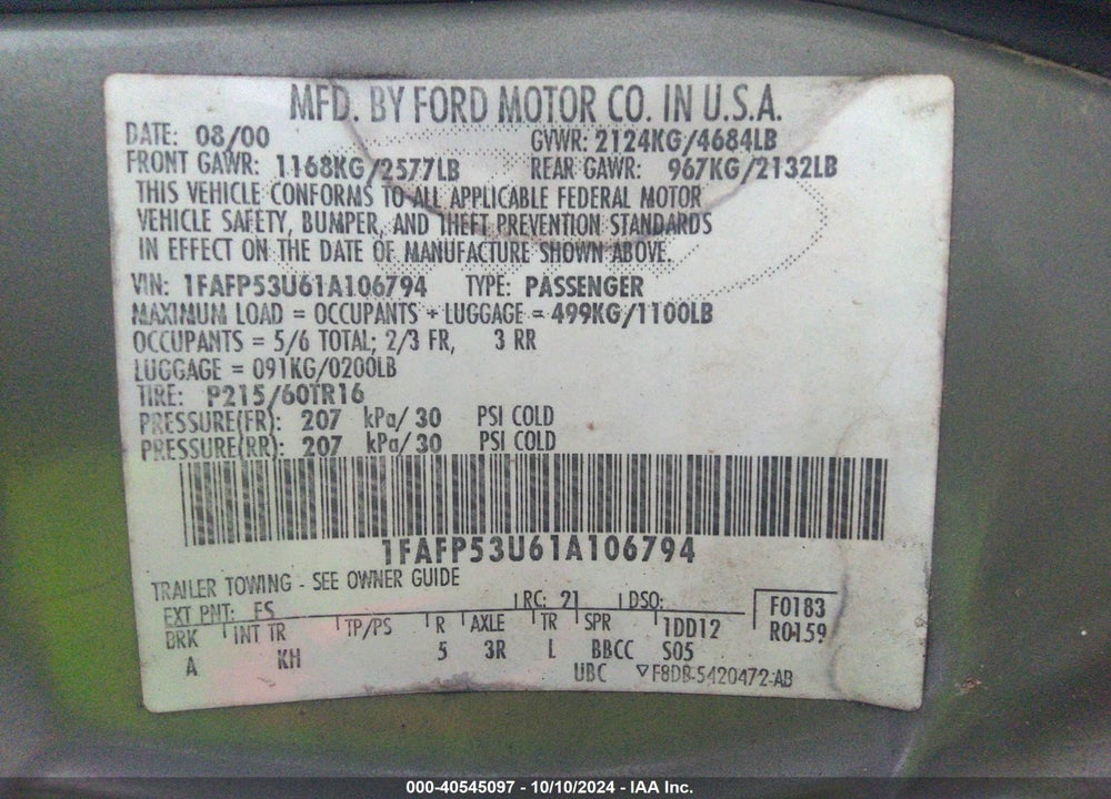 2001 FORD TAURUS VIN: 1FAFP53U61A106794