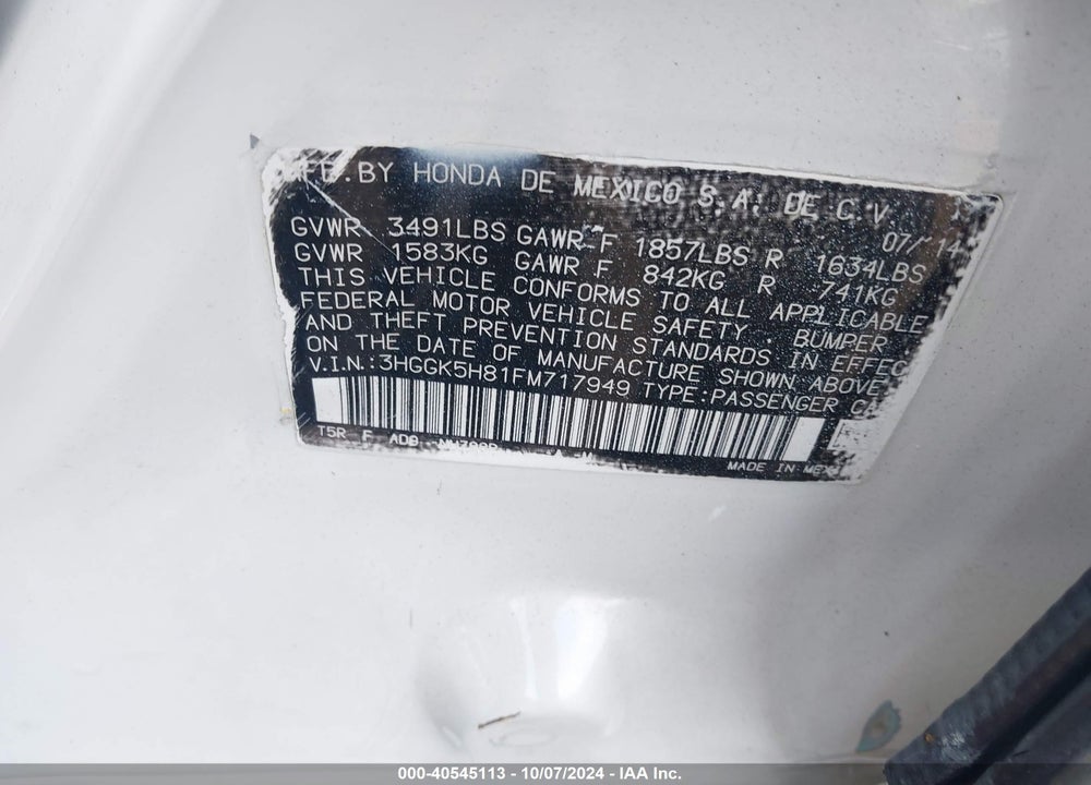 2015 HONDA FIT EX/EX-L VIN: 3HGGK5H81FM717949