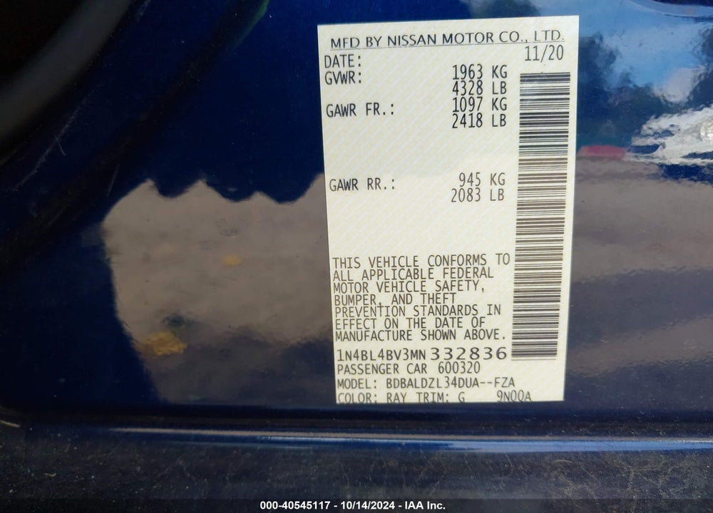 2021 NISSAN ALTIMA S FWD VIN: 1N4BL4BV3MN332836