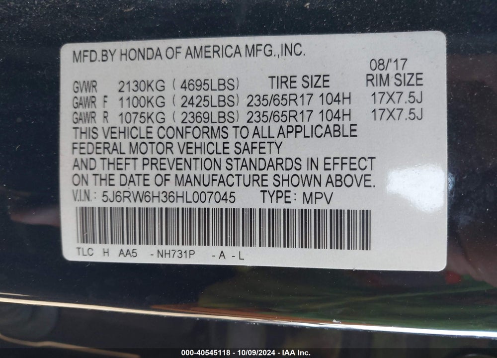 2017 HONDA CR-V LX VIN: 5J6RW6H36HL007045