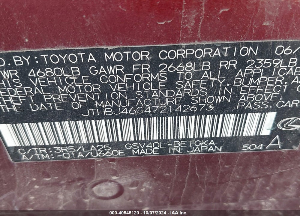 2007 LEXUS ES 350 VIN: JTHBJ46G472142673