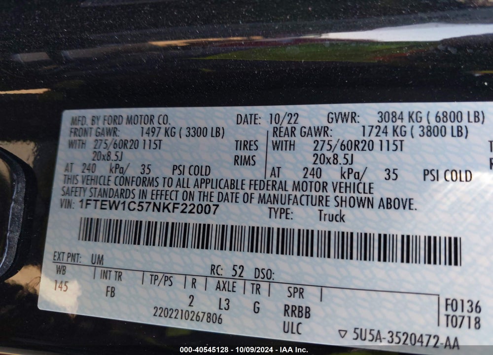 2022 FORD F-150 XLT VIN: 1FTEW1C57NKF22007