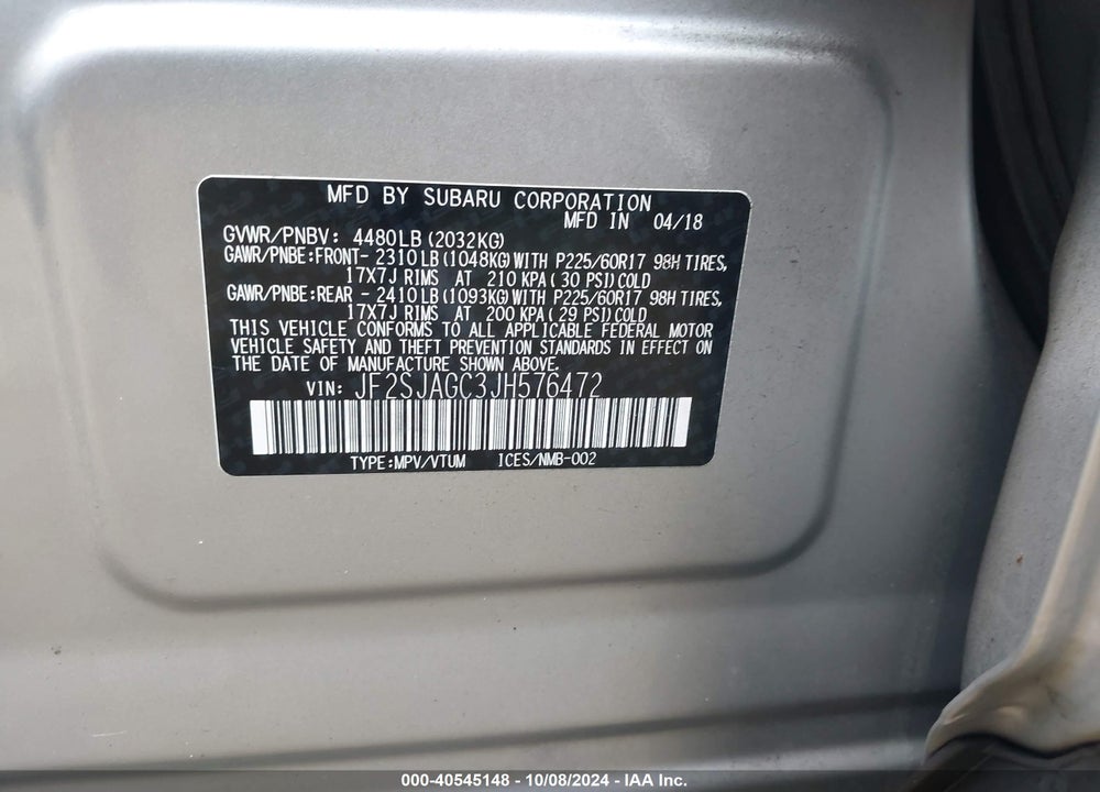2018 SUBARU FORESTER 2.5I PREMIUM VIN: JF2SJAGC3JH576472
