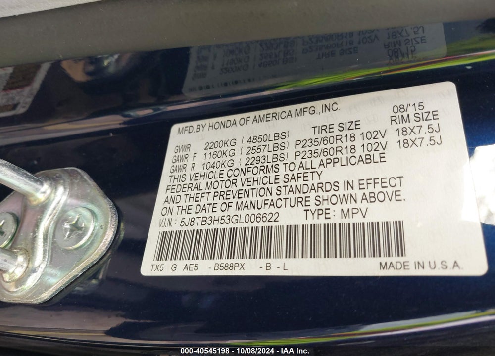 2016 ACURA RDX TECHNOLOGY   WATCH PLUS PACKAGES/TECHNOLOGY PACKAGE VIN: 5J8TB3H53GL006622