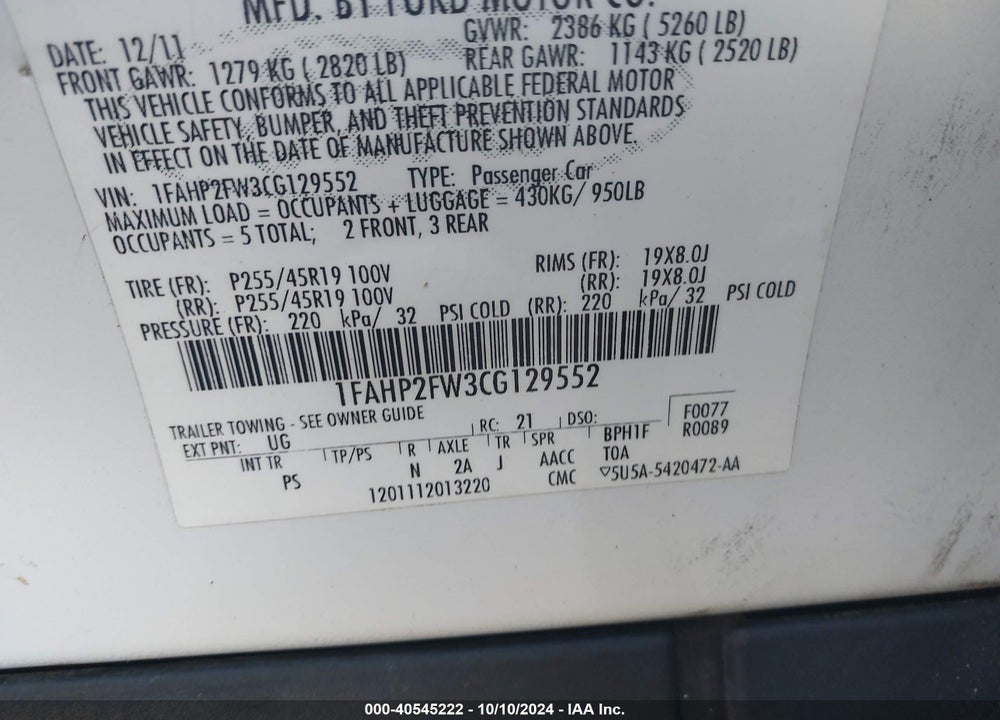 2012 FORD TAURUS LIMITED VIN: 1FAHP2FW3CG129552