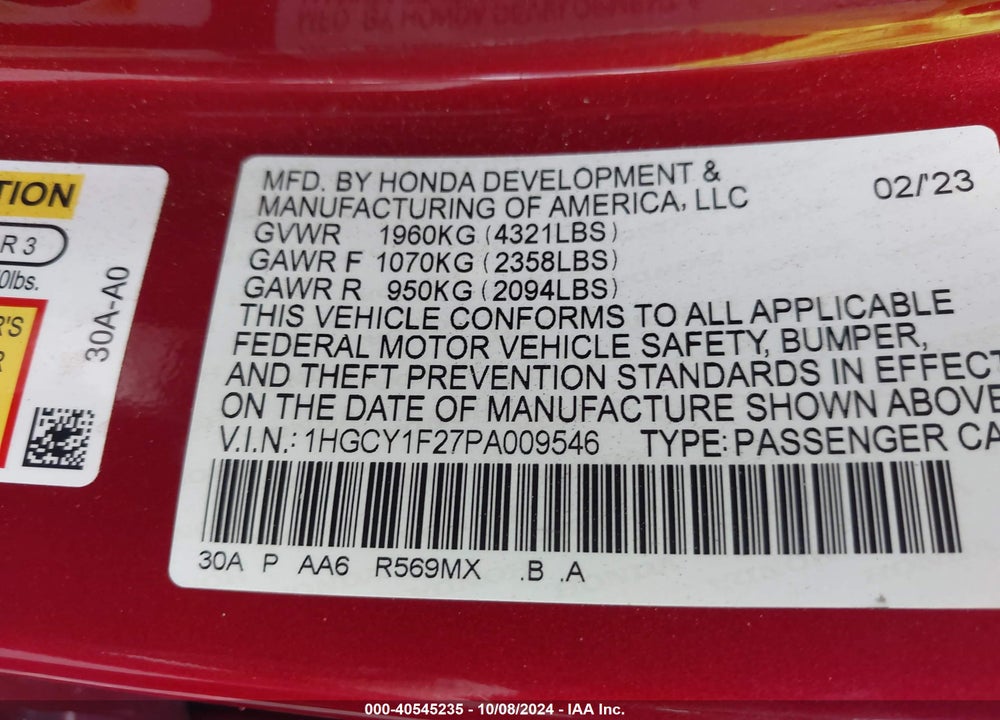 2023 HONDA ACCORD LX VIN: 1HGCY1F27PA009546