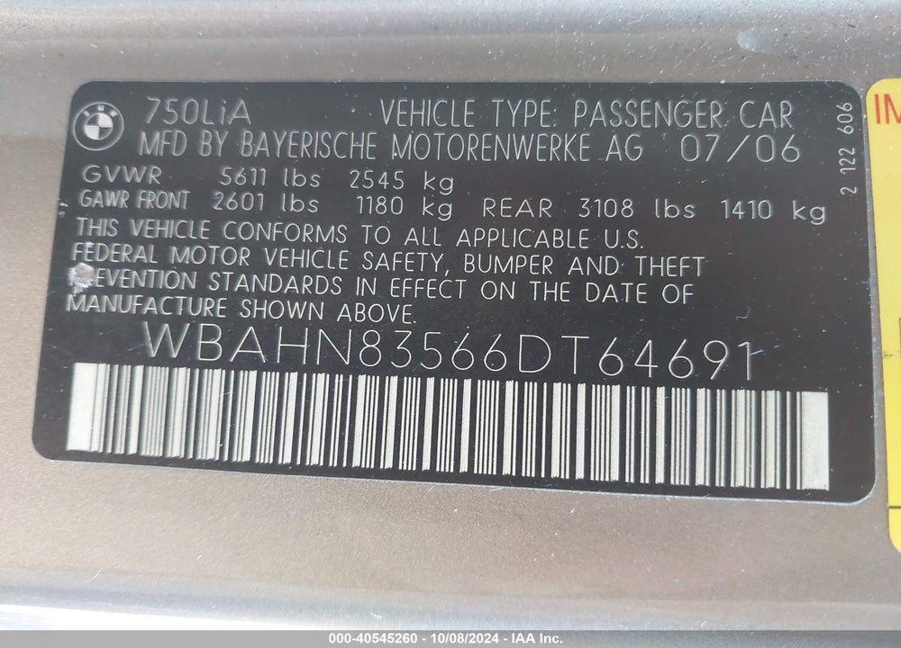 2006 BMW 750LI VIN: WBAHN83566DT64691