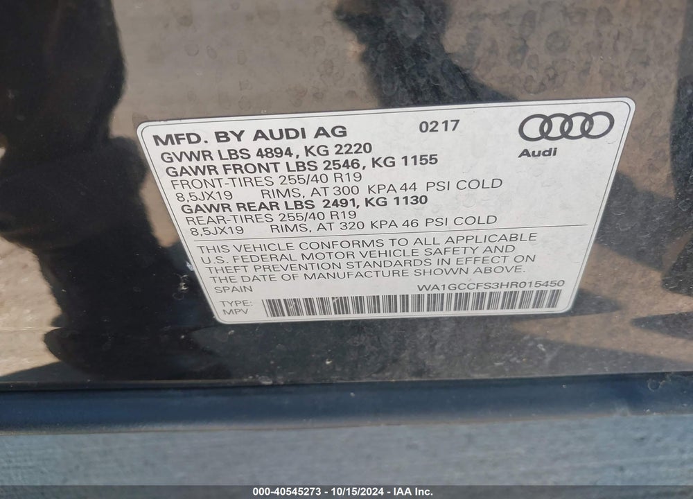 2017 AUDI Q3 2.0T PREMIUM VIN: WA1GCCFS3HR015450