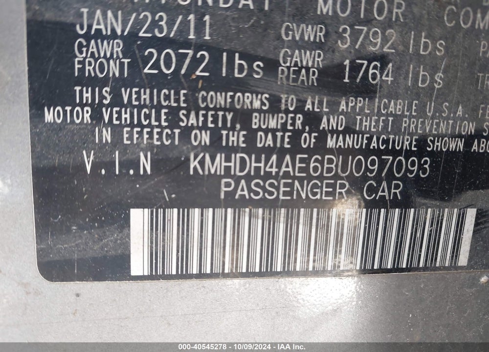 2011 HYUNDAI ELANTRA GLS (ULSAN PLANT) VIN: KMHDH4AE6BU097093