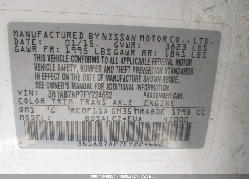 2015 NISSAN SENTRA S VIN: 3N1AB7AP7FY224662