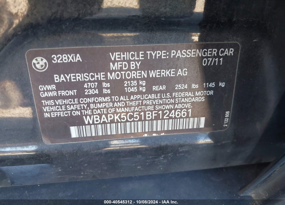 2011 BMW 328I XDRIVE VIN: WBAPK5C51BF124661